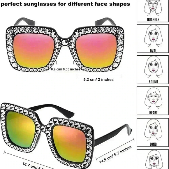 1 Pair of Crystal Oversized Sunglasses Square Diamond Sunglasses - Picture 4 of 6